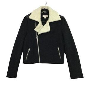 Adam Levine Casual Chic Wool Faux Sherpa Collar Trendy Streetwear Moto Jacket S